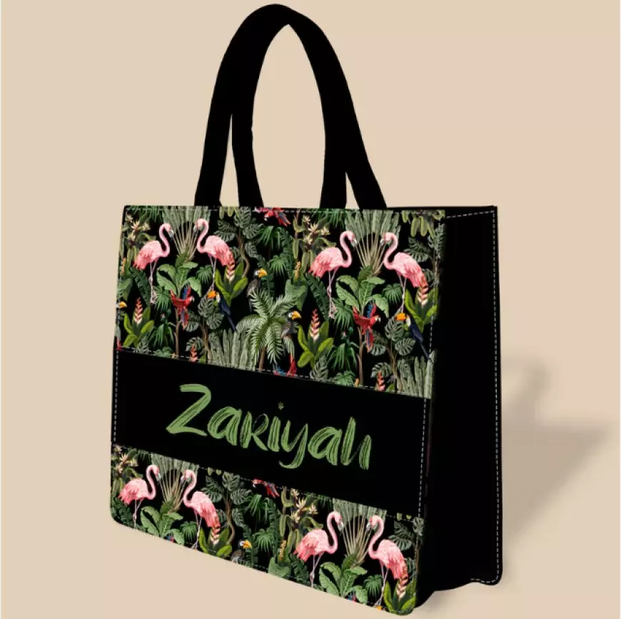 Personalized tote bag designed with flamingo and colourfull parrot