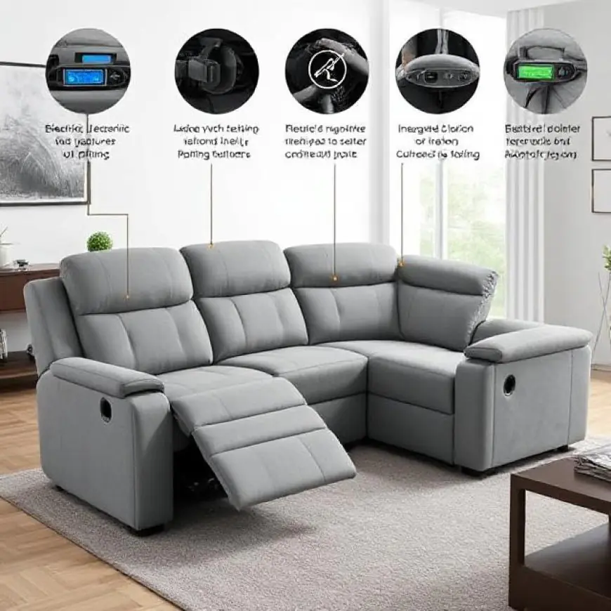 4 Seater Corner Recliner Sofa Electric in Moon Grey with USB Port, Cup holders, and Other Features